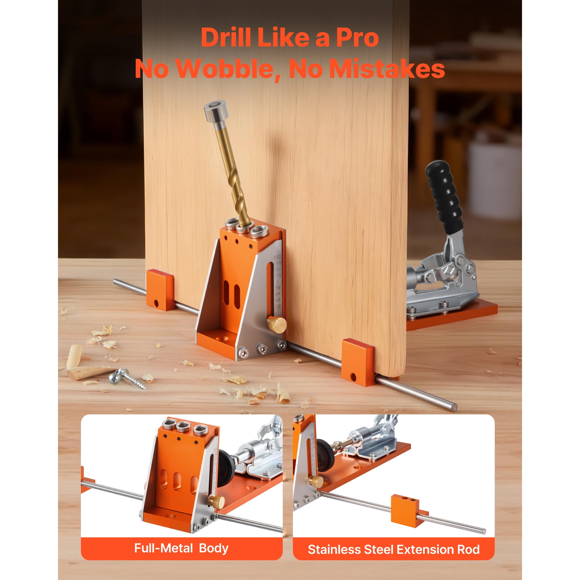 “1/2 to 1-1/2 Inch Adjustable Pocket Hole Jig Kit – Heavy-Duty Woodworking Tool Set with Toolcase, C-Clamp, Step Drill & Hex Wrench for DIY Furniture & Frame Assembly”