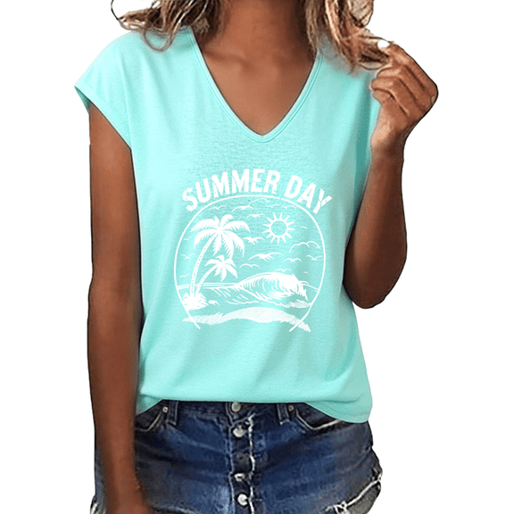 UNISHE Women's Summer Day Palm Tree Ocean Wave Sun Graphic V-Neck Short Sleeve Casual Lightweight Retro Beach Vacation T-Shirt Top