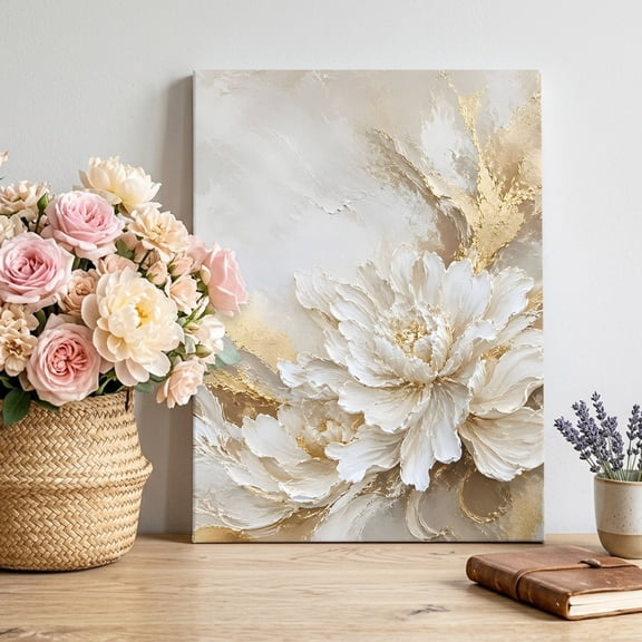 Canvas Wall Art, White Floral Framed Canvas Prints for Living Room Bedroom, Modern Abstact Oil Painting Flower Cream Gold Large Gallery Wrapped Wall Decor for Home Office, Gifts, 16"x20"