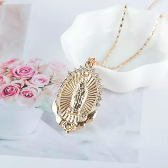 K-KED Vintage Crystal Rhinestone Virgin Mary Pendant Religious Necklace Accessories -Gold