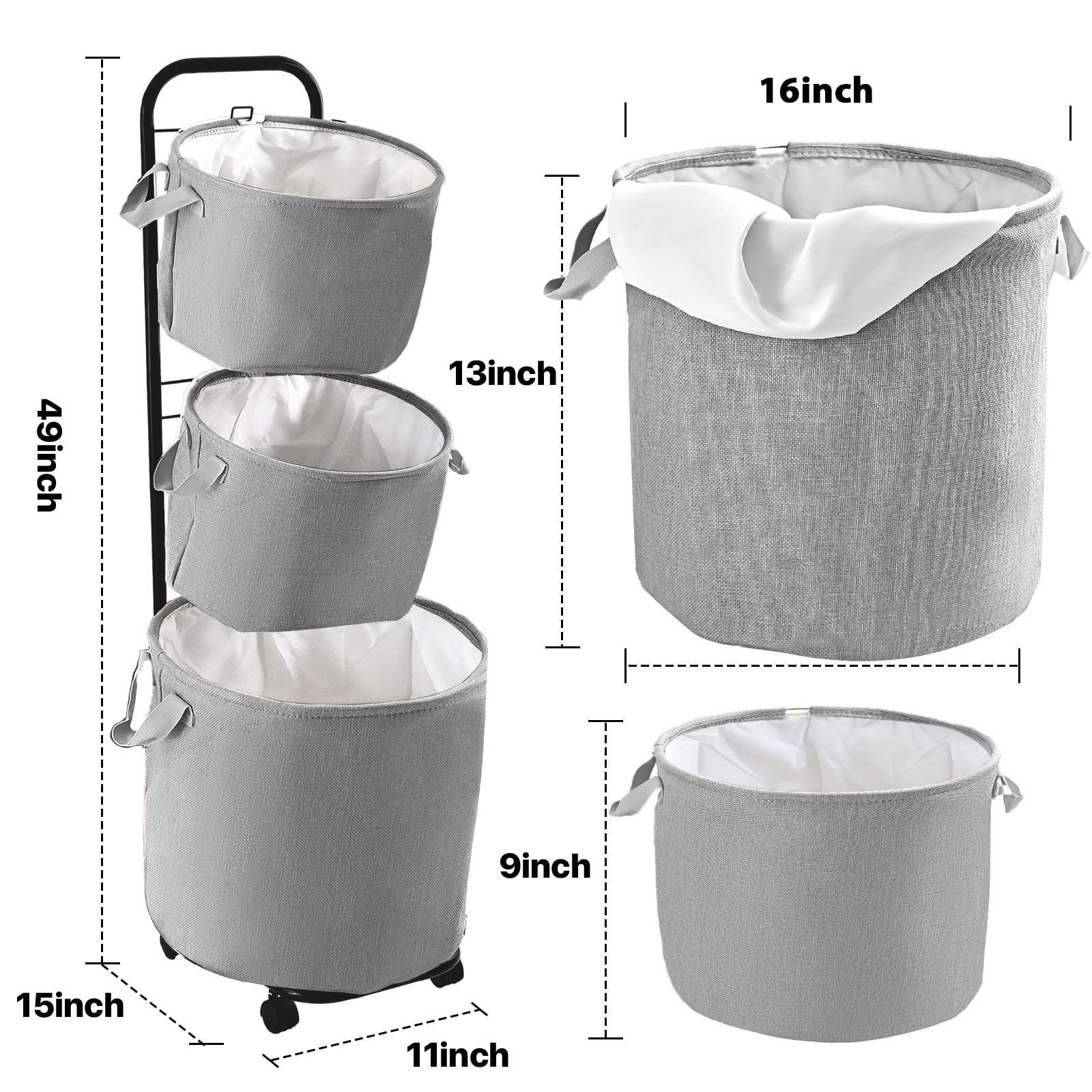 YOUPINS 3-Tier Laundry Hamper Sorter, Laundry Storage Organizer with Wheels Movable Rolling Laundry Baskets Cart,Laundry Butler for Bathroom Bedroom Laundry Room, Dark Gray