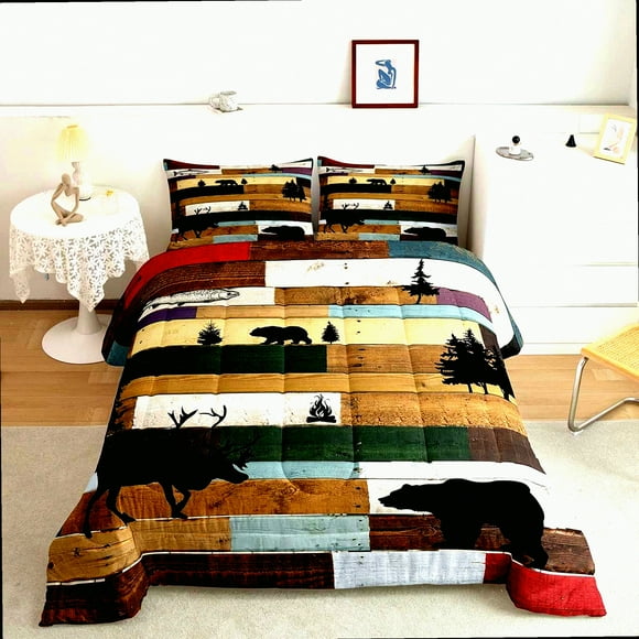 Rustic Adventure Vintage Log Cabin Queen Comforter Set - Microfiber Striped Quilt Farmhouse Bed Set