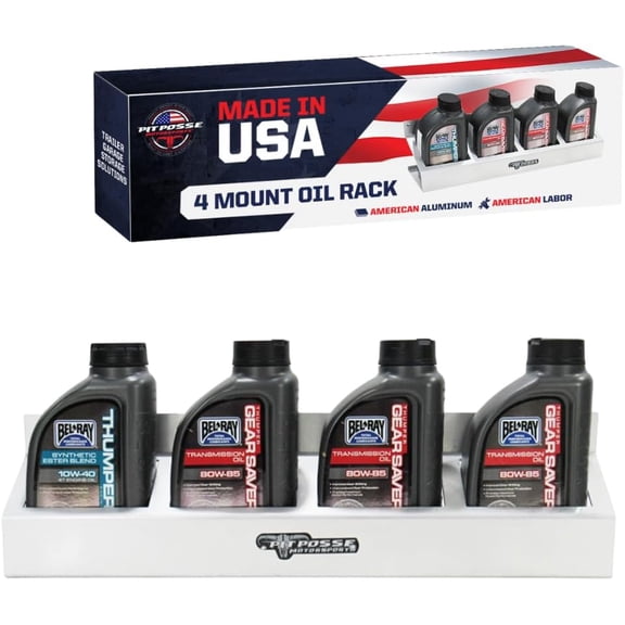 Pit Posse 305 Four Quart Oil Can Rack Holder 23" Caddy Wall Hanger Aluminum Shelf - Made in USA - Holds 4 Quarts of Motor Engine Oil - Enclosed Race Trailer Shop Garage Storage Organizer (Silver)