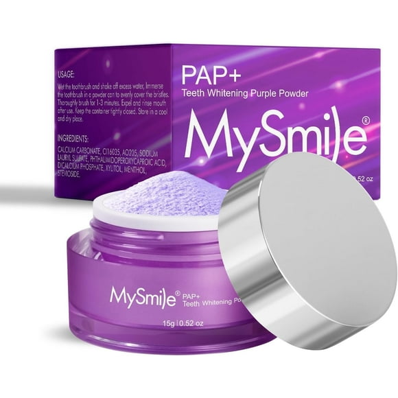 MySmile V34 Polvo Blanqueador Dental Morado, Corrige Color y Manchas, Prev. Caries, Baja Espuma, Aliento Fresco, Alternativa a Pasta Dental sin Flúor.