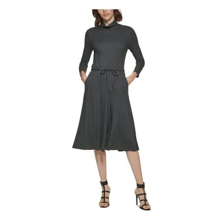 CALVIN KLEIN Womens Gray Stretch Ribbed Drawstring Waist Heather 3/4 Sleeve Mock Neck Below The Knee Wear To Work Sweater Dress 10
