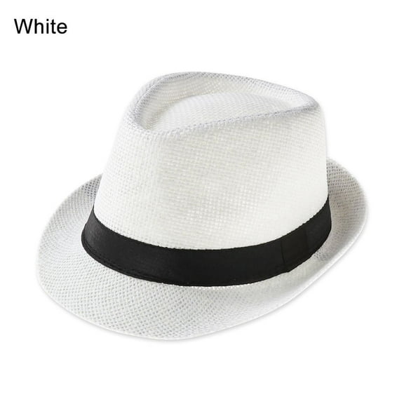 Unisex Gangster Cap Beach Cowboy Fedora Hat Sun Hat Straw Panama Cap Jazz Dress Hat WHITE