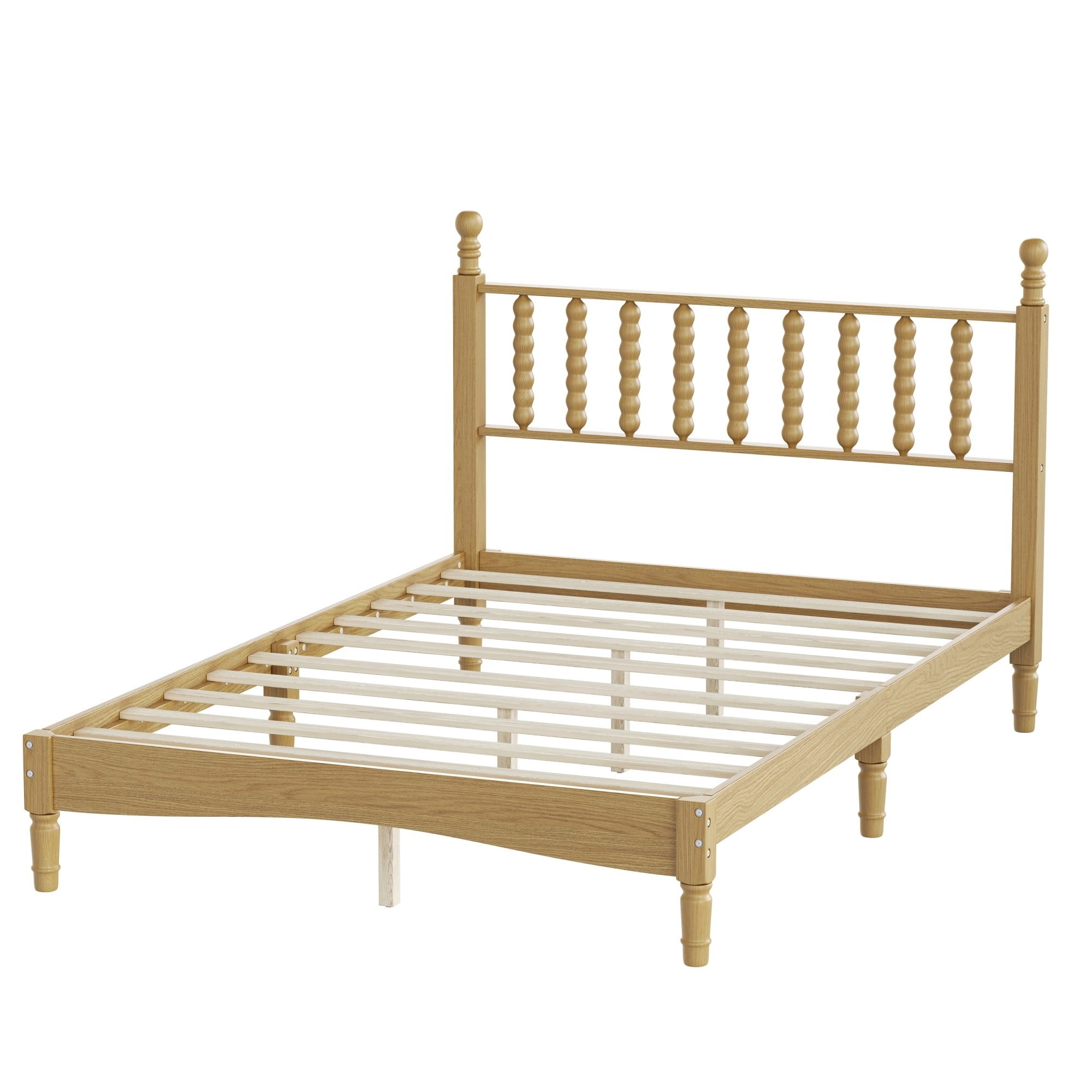 Aukfa Full Size Bed Frame with Gourd Shaped Headboard, Wood Platform Bed, Oak