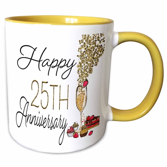 3drose, Happy 25th Anniversary Glass of Champagne and Sweets, 15oz Two-tone Yellow Mug