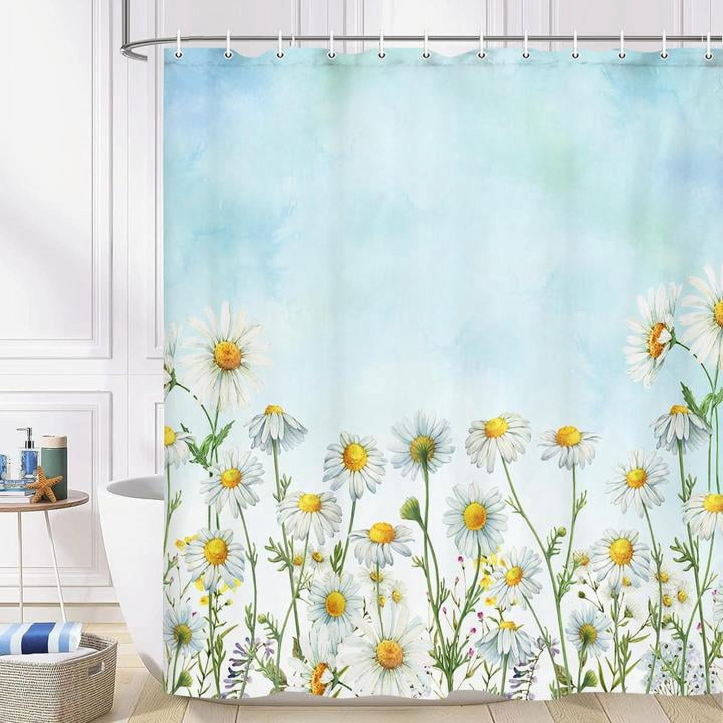 Daisy Shower Curtain, Floral Daisy Fabric Bathroom Curtains, Rustic Farmhouse Boho Shower Curtain Set, White Daisy Bathroom Shower Curtain with 12PCS Hooks, 70X70IN（Blue）