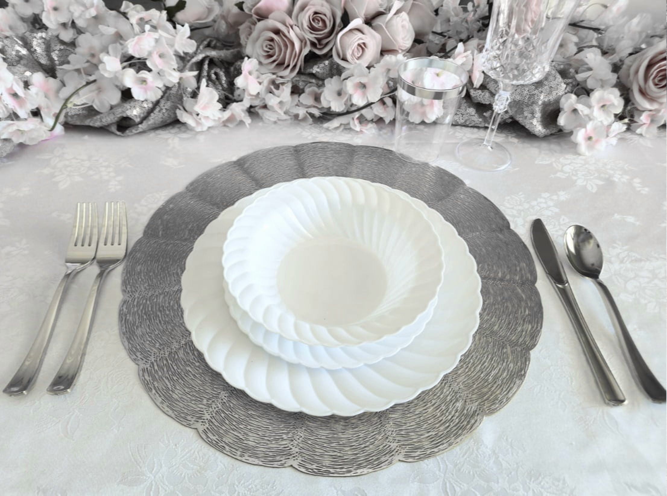 " OCCASIONS " 20 Pieces Pack / Centerpiece Placemats Washable Easy to Clean PVC Heat-resistand Woven Vinyl Table Mats (Bloom Shiny Silver)