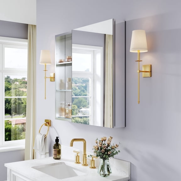 ANGELES HOME 32" x 30" Tri-View Bathroom Medicine Cabinet with Copper-Free Mirror, Soft-Close Reversible Door, Open Side Cabinet, Recessed or Surface Mount