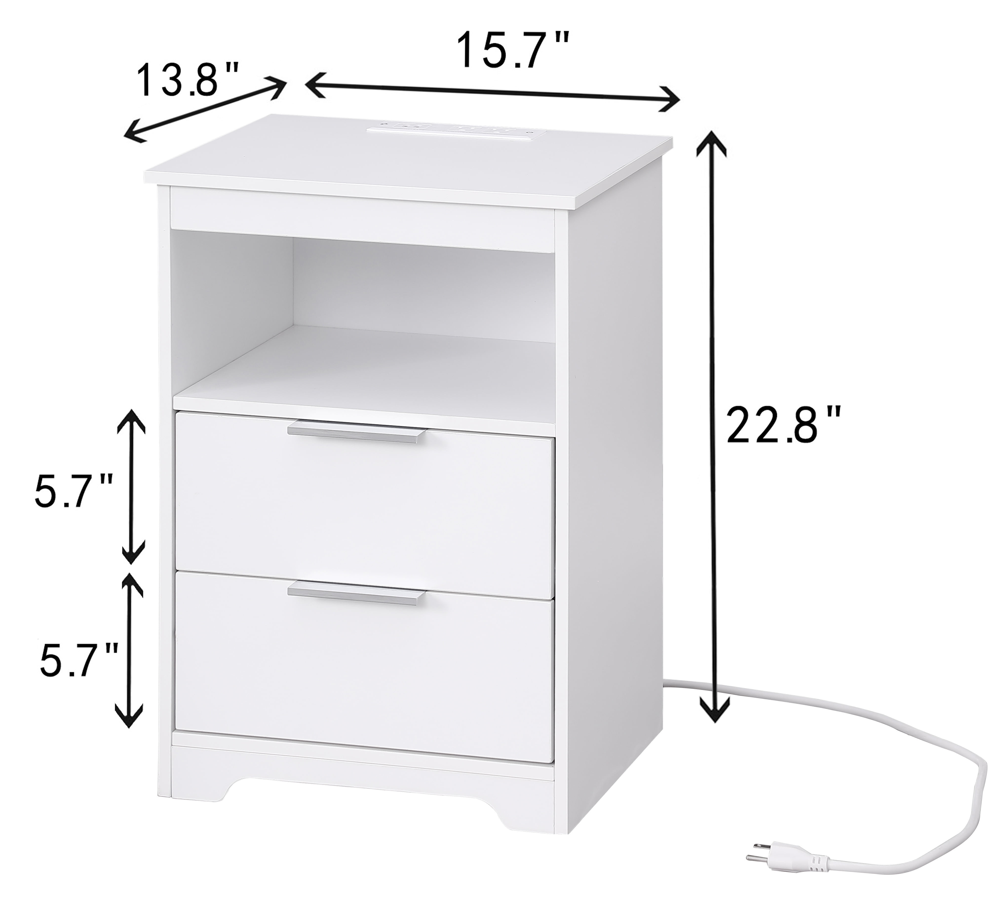 Nightstand with Charging Station,End Table with 2 Drawers,Wooden End Table with Drawer and Opening Shelf,Side Table for Bedroom, White