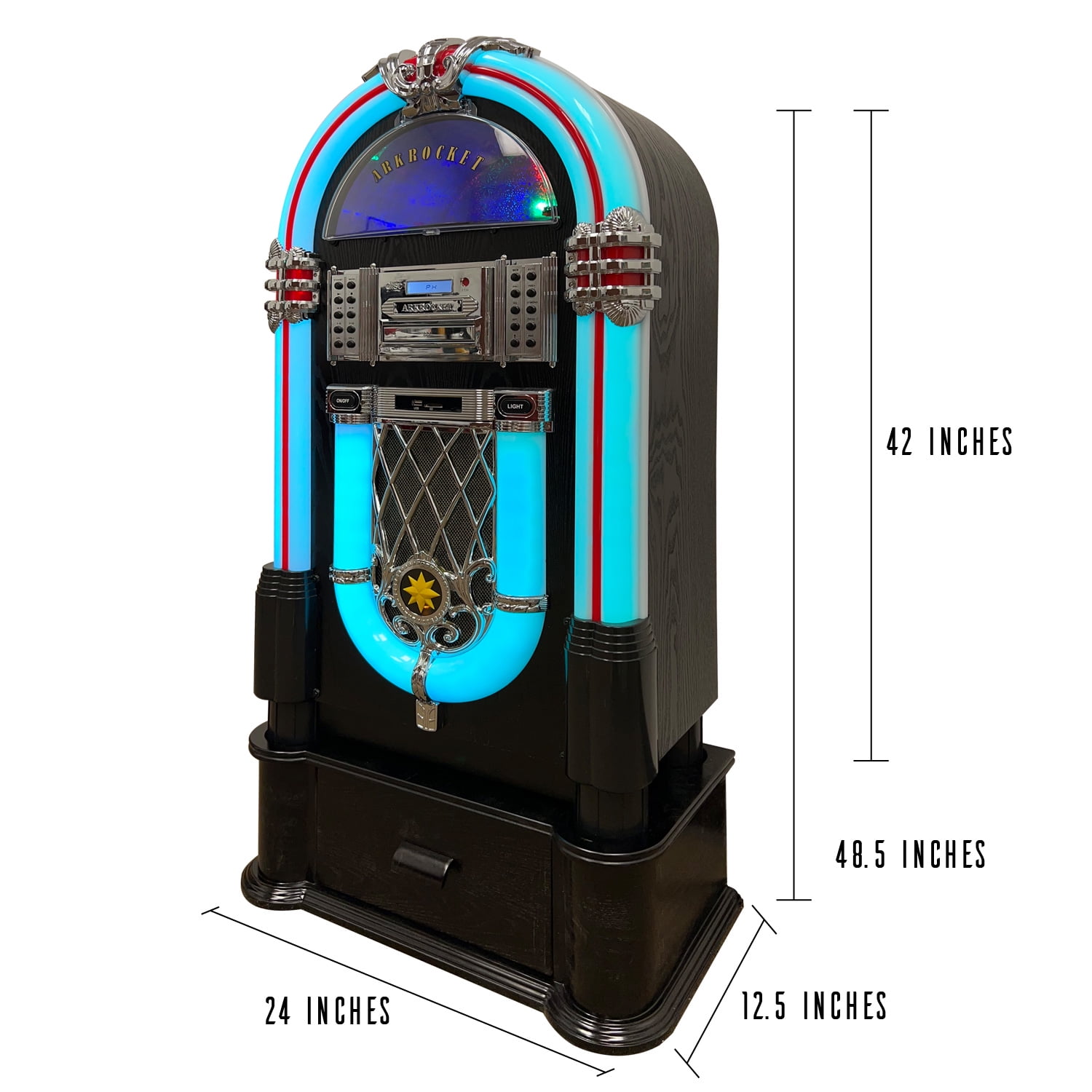 Arkrocket Taurus II Medium Size Jukebox Vinyl Record Player Bluetooth USB SD CD Player Radio Retro Turntable Classic Jukebox (Taurus II with Stand - Black)