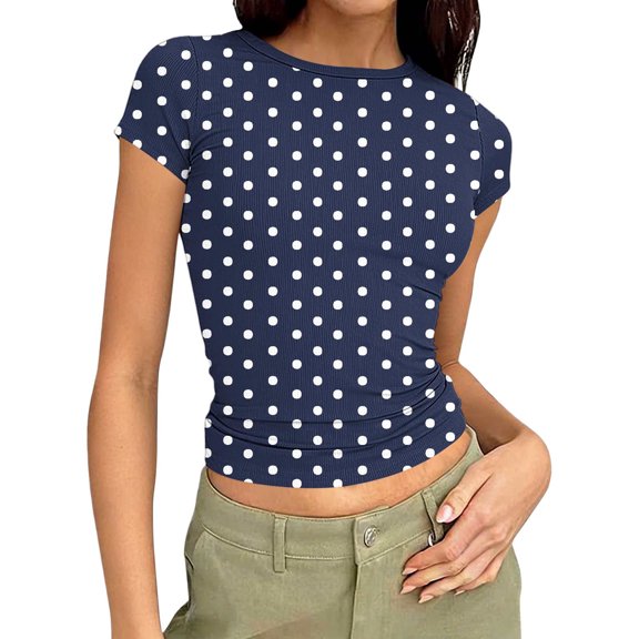 ZUKMRJPC Women's Summer Tops Short Sleeve Crewneck Casual Fashion Print Knit T Shirts Slim Fit Cute Basic Going Out Crop Tops