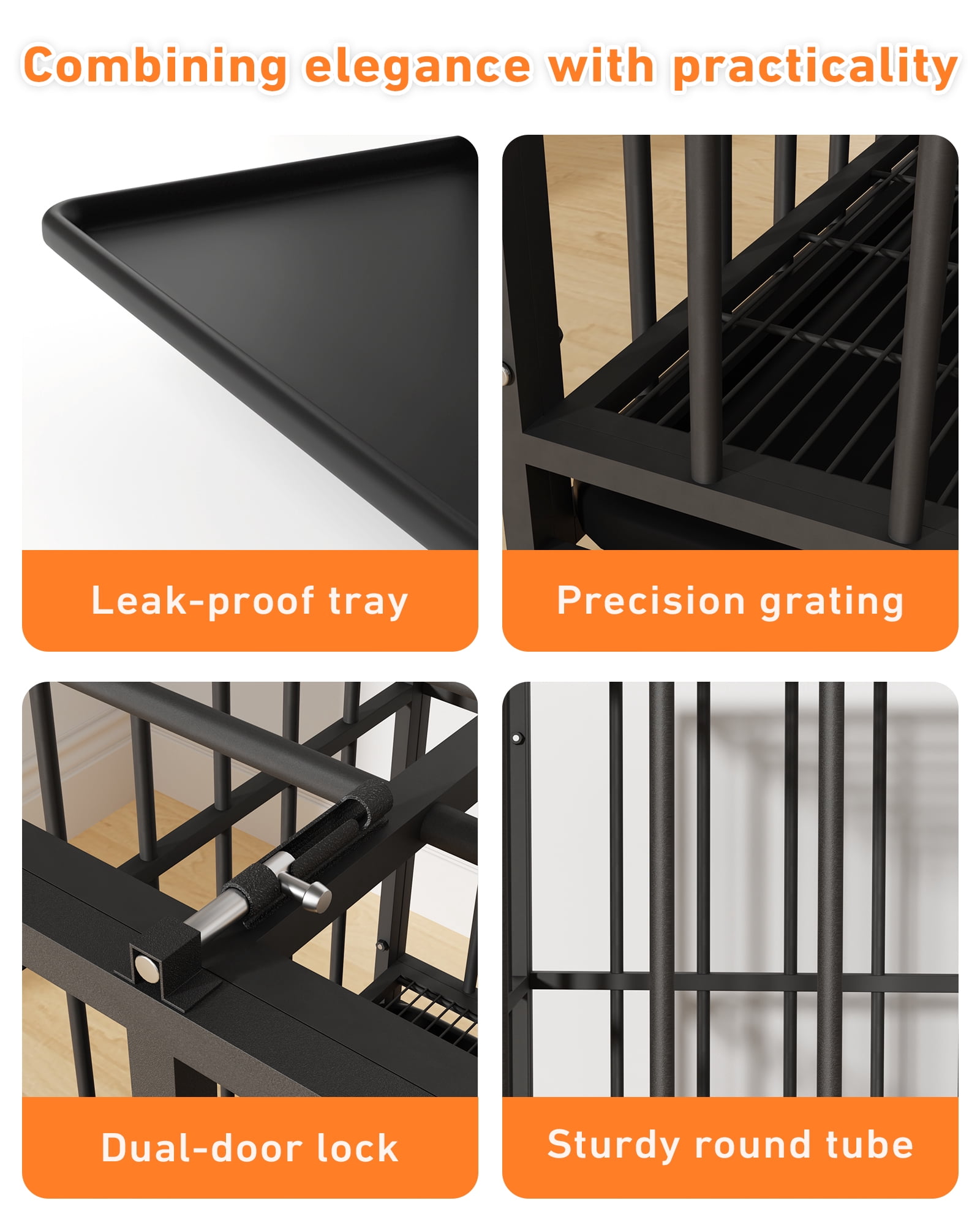Time Ray 38 inch Dog Crate for Medium Dog with Steel Escape Proof,Heavy Duty Indestructible Dog Kennel with Double Doors,Lockable Wheels and Removable Tray,Black
