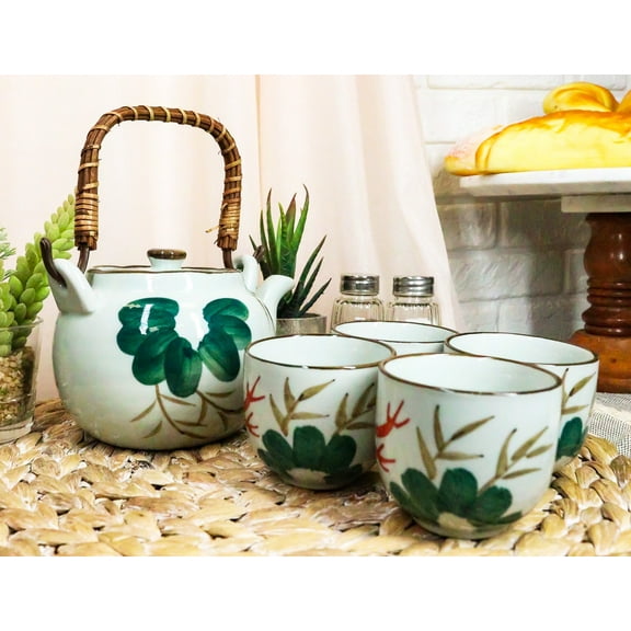 Ebros Feng Shui Auspicious Koi Fish Pair Lily Pond Ceramic Teapot & 4 Tea Cups