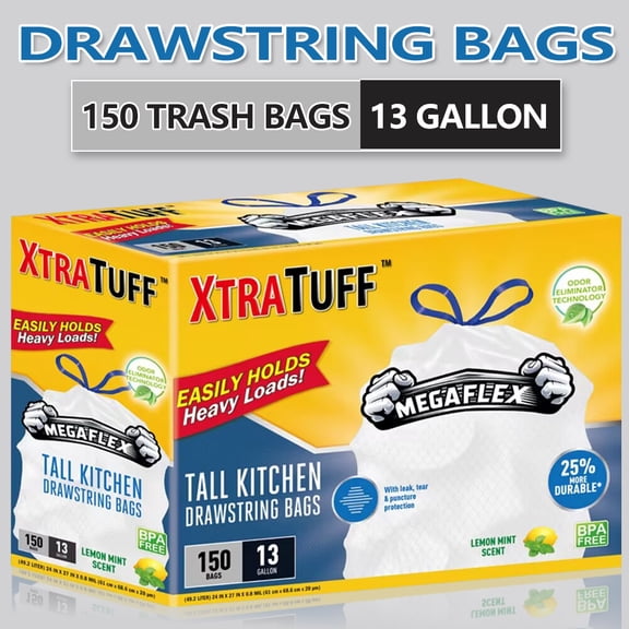 Megatuff 30 Gallon Kitchen Flap Tie Trash Bags – 150 Count, White, Unscented, Heavy-Duty Tall Garbage Bags for Yard, Commercial, and Industrial Use