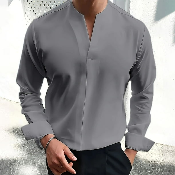 Blusas y camisas de manga larga con cuello en V para hombre, blusa informal de manga larga lisa con cuello en V, blusa de poliéster para hombre