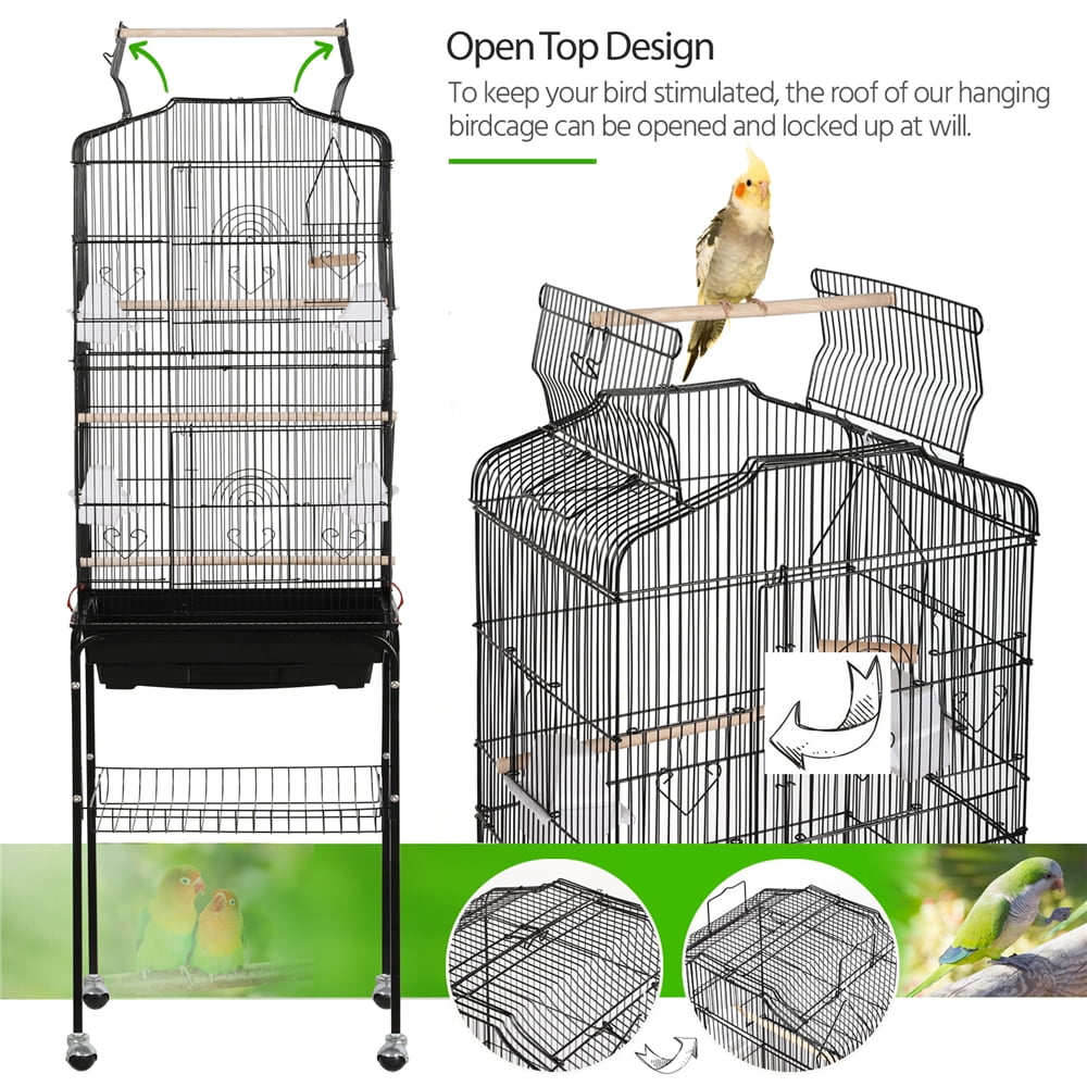 Yaheetech 64"H Open Top Metal Bird Cage Rolling Parrot Cage w/ Double Doors  for Budgie Parrot Canary Cockatiel, Black
