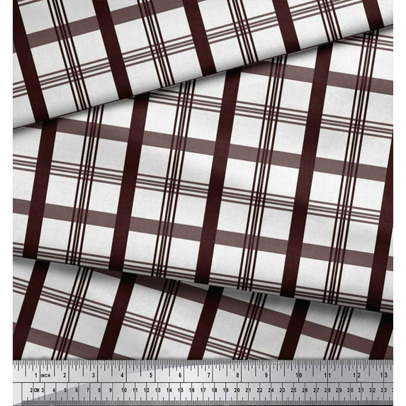 Soimoi Brown Crepe Silk Fabric Window Pane Check Print Fabric by the Yard 42 Inch Wide