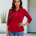 thumbnail image 5 of Resicozy Womens Tops 3/4 Length Sleeve Polo Shirts Solid Business V Neck Collared Buttons Basic Tees Loose Casual Blouses Red 2XL, 5 of 5