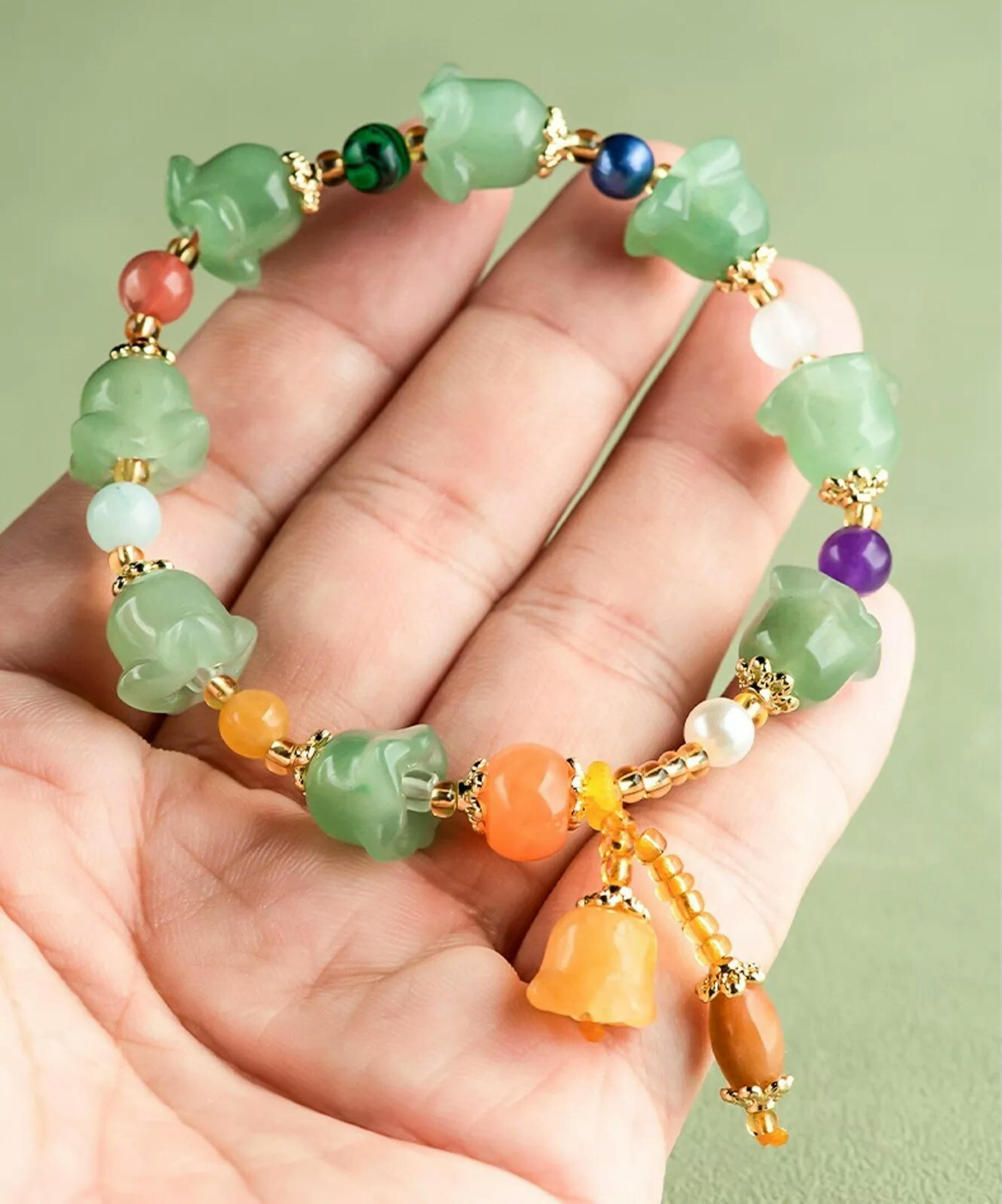 HOOUN Natural Jade Bangle Magnolia Flower Bead Link Women Lucky Gift Bracelet