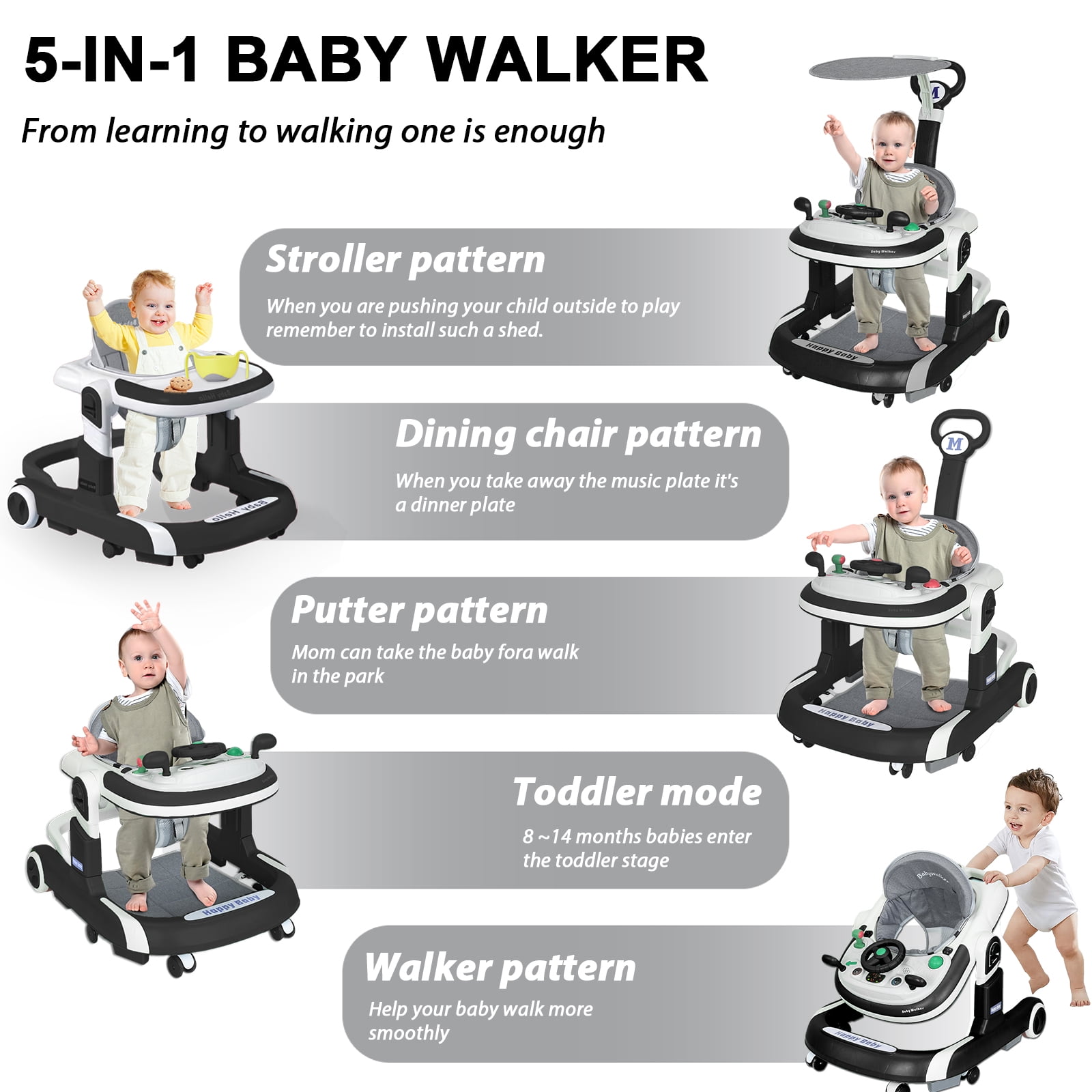 HAOUUCYIN 5-in-1 Baby Walker with Foot Pads/Handles for Girls Boys, Black