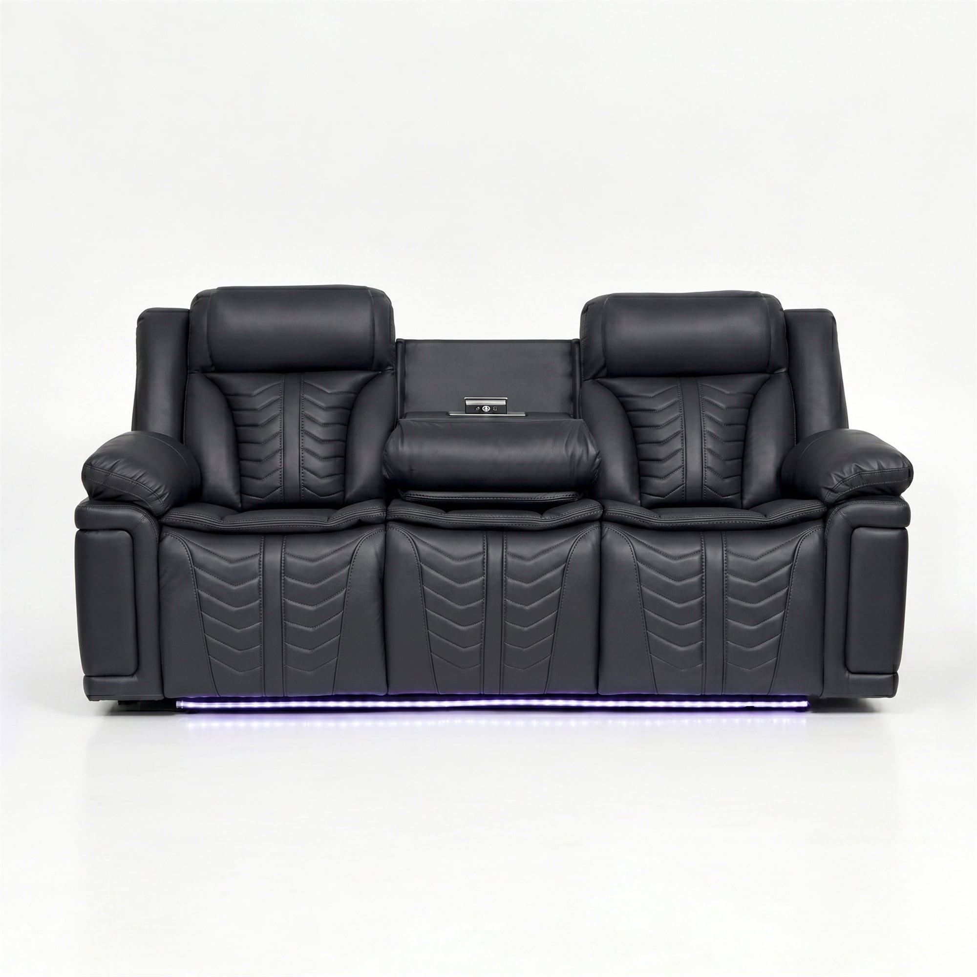 Electra Luxury Power Reclining Sofa - Dark Grey Faux Leather Motion Couch with Drop-Down Table, Wireless Charging, AC/USB/Type-C Power, and Cinematic LED Lighting