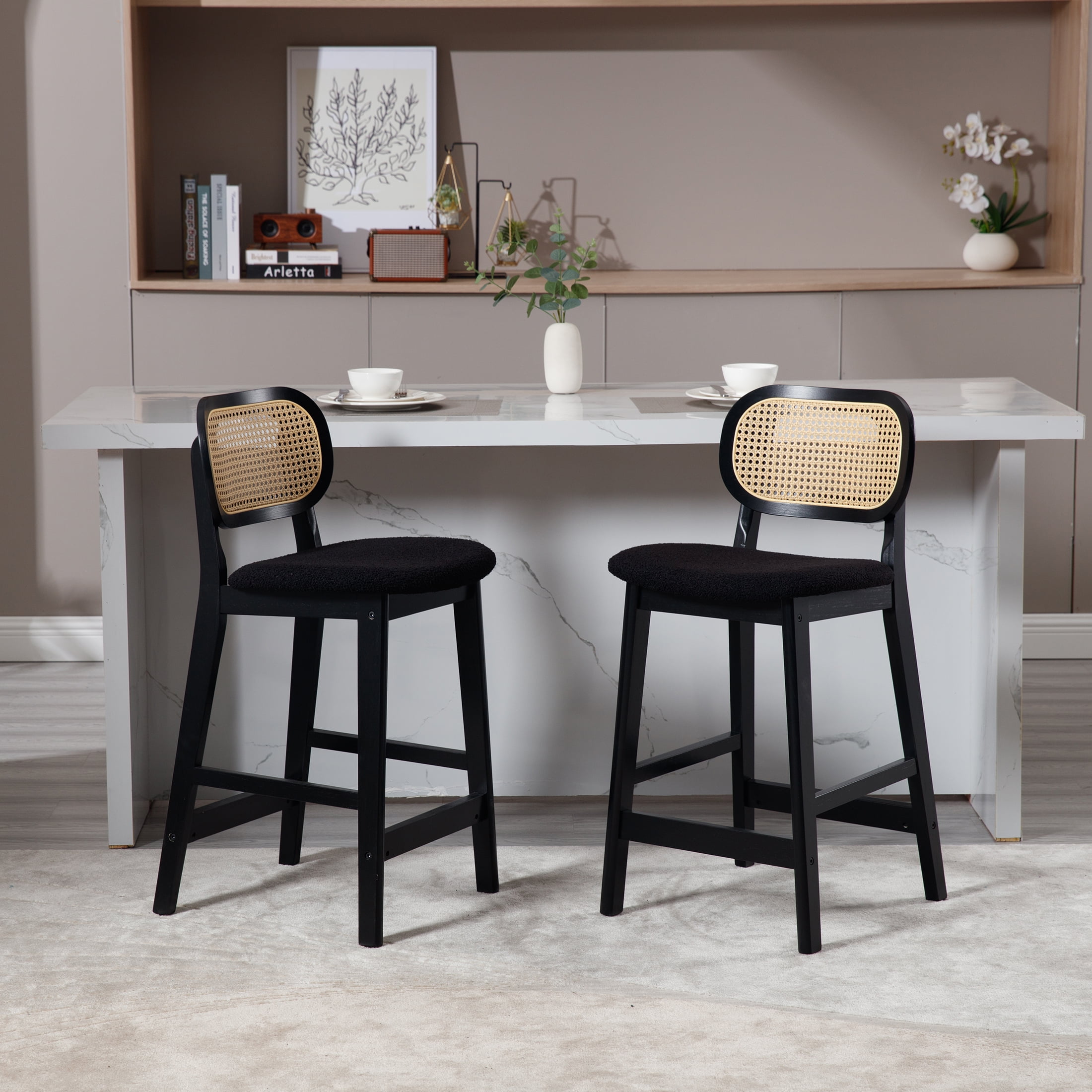 Guyou Rattan Counter Height Bar Stools Set of 2, Mid-Century Modern Wooden Farmhouse Bar Stools, Sherpa Upholstered Kitchen Island Barstools for Breakfast Bar Bistro, Black