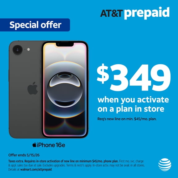 AT&T Apple iPhone 16e, 128GB, Black - Prepaid Smartphone [Locked to AT&T]