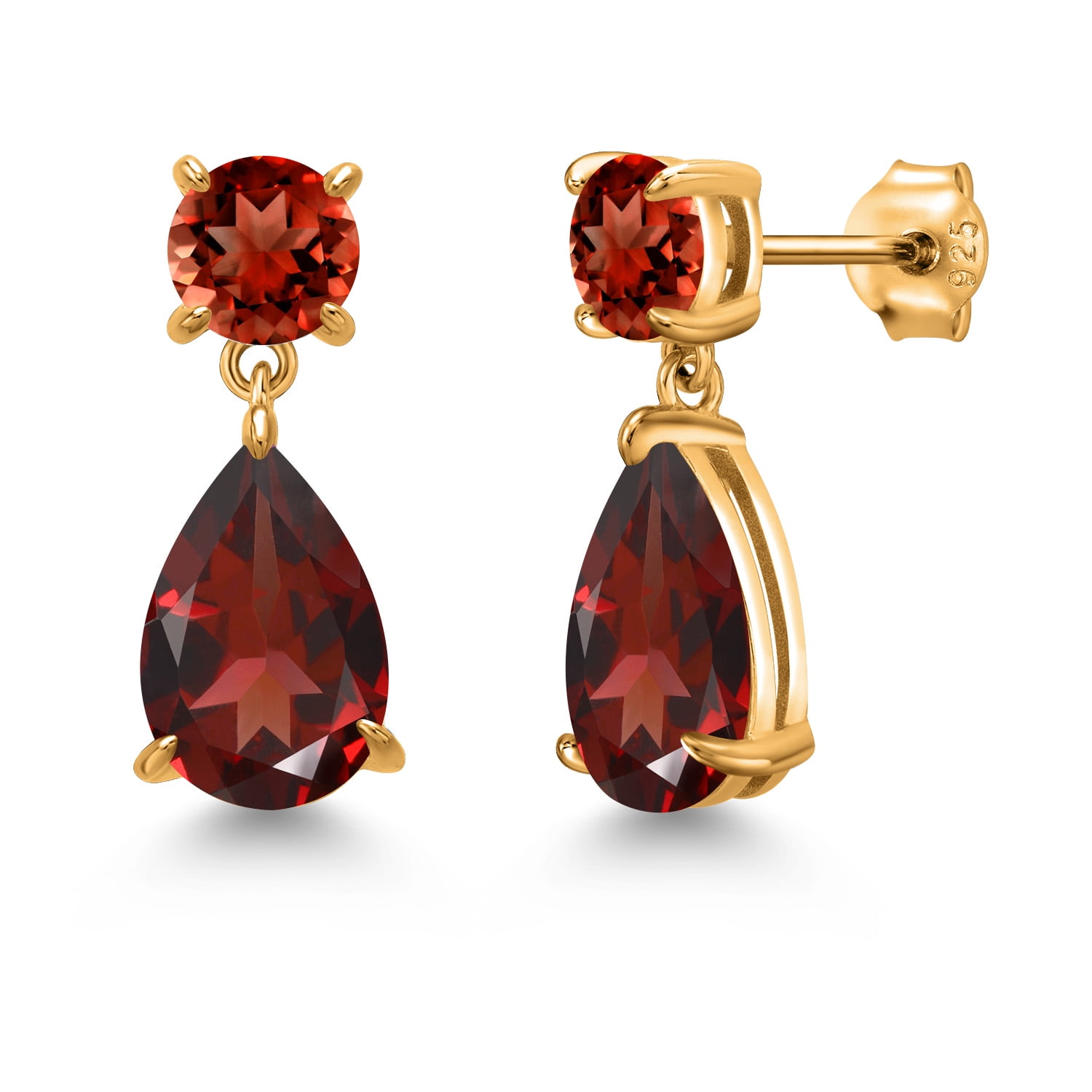Gem Stone King 18K Yellow Gold Plated Silver Red Garnet Teardrop Dangle Drop Earrings for Women | 8.34 Cttw | Gemstone Birthstone | Pear Shape 12X8MM | Round 6MM
