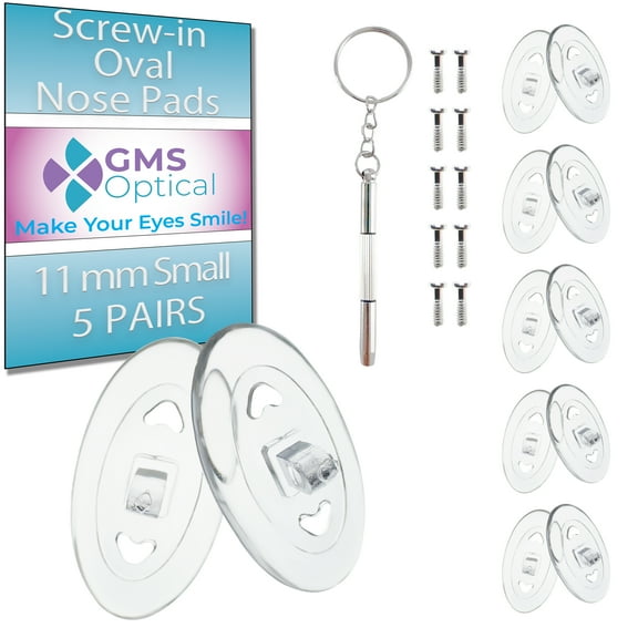 GMS Optical 11mm Extra Small Length / 8.5mm Width / 2mm Thick – Oval Screw-In Soft Silicone Nose Pads for Glasses, Eyeglasses & Sunglasses with Screws & Screwdriver (5 Pair, Clear)