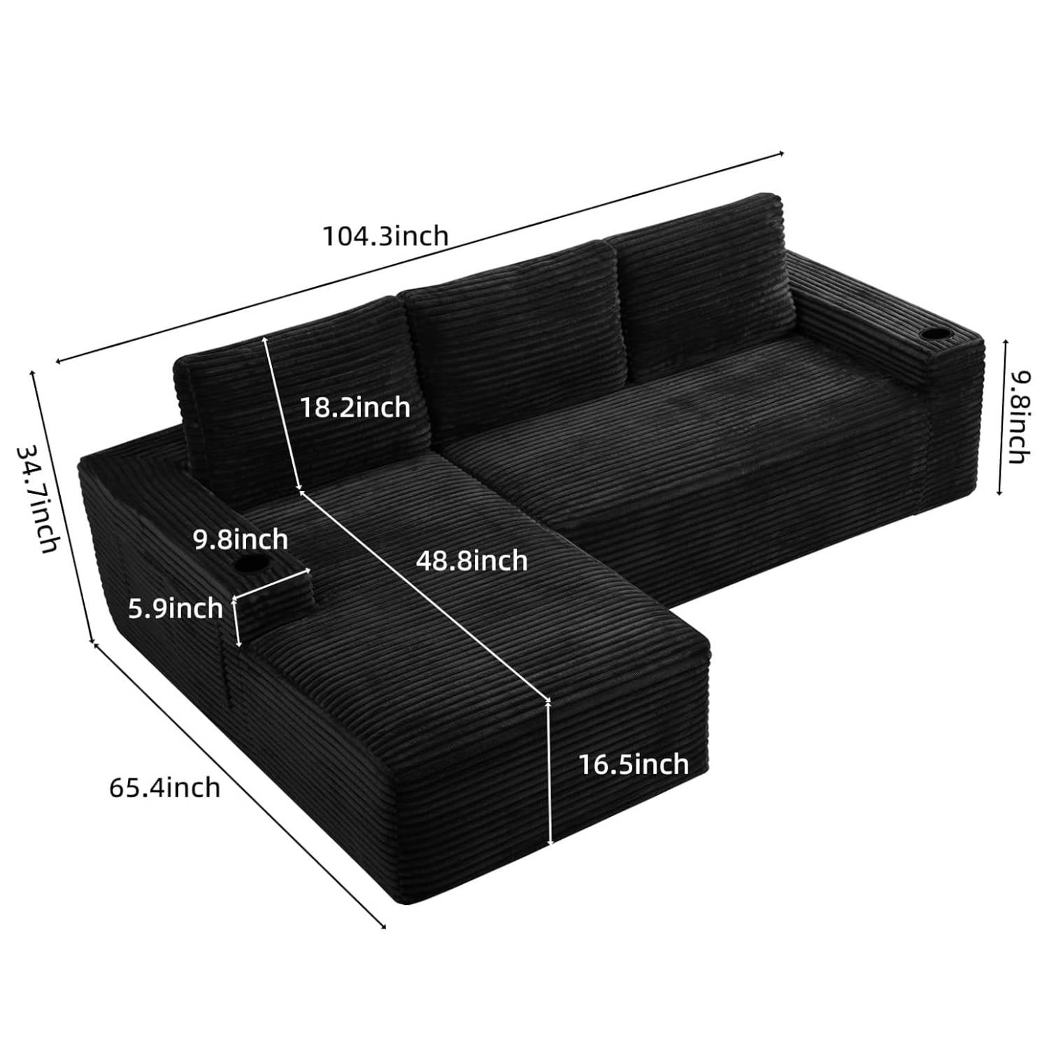 L-Shape Cloud Couch Cup Holders, Modular 104" Cloud Sectional Sofa Corduroy Boneless Sofa Couch with Chaise for Living Room, Black