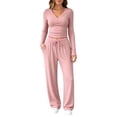 thumbnail image 2 of 2 Piece Sets for Women V Neck Long Sleeve Crop Top Pocket Wide Leg Pants Matching Sets Women Clothing for Daily Going‑Out Outfit Pink S, 2 of 7