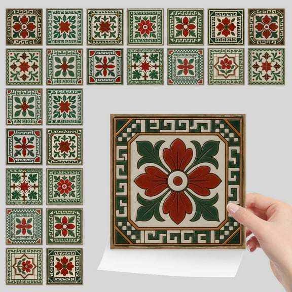 24Pcs Self Adhesive Tiles Wall Stickers Decals Square 4 x 4in DIY Decor Green and Red Flower Waterproof Peel and Stick