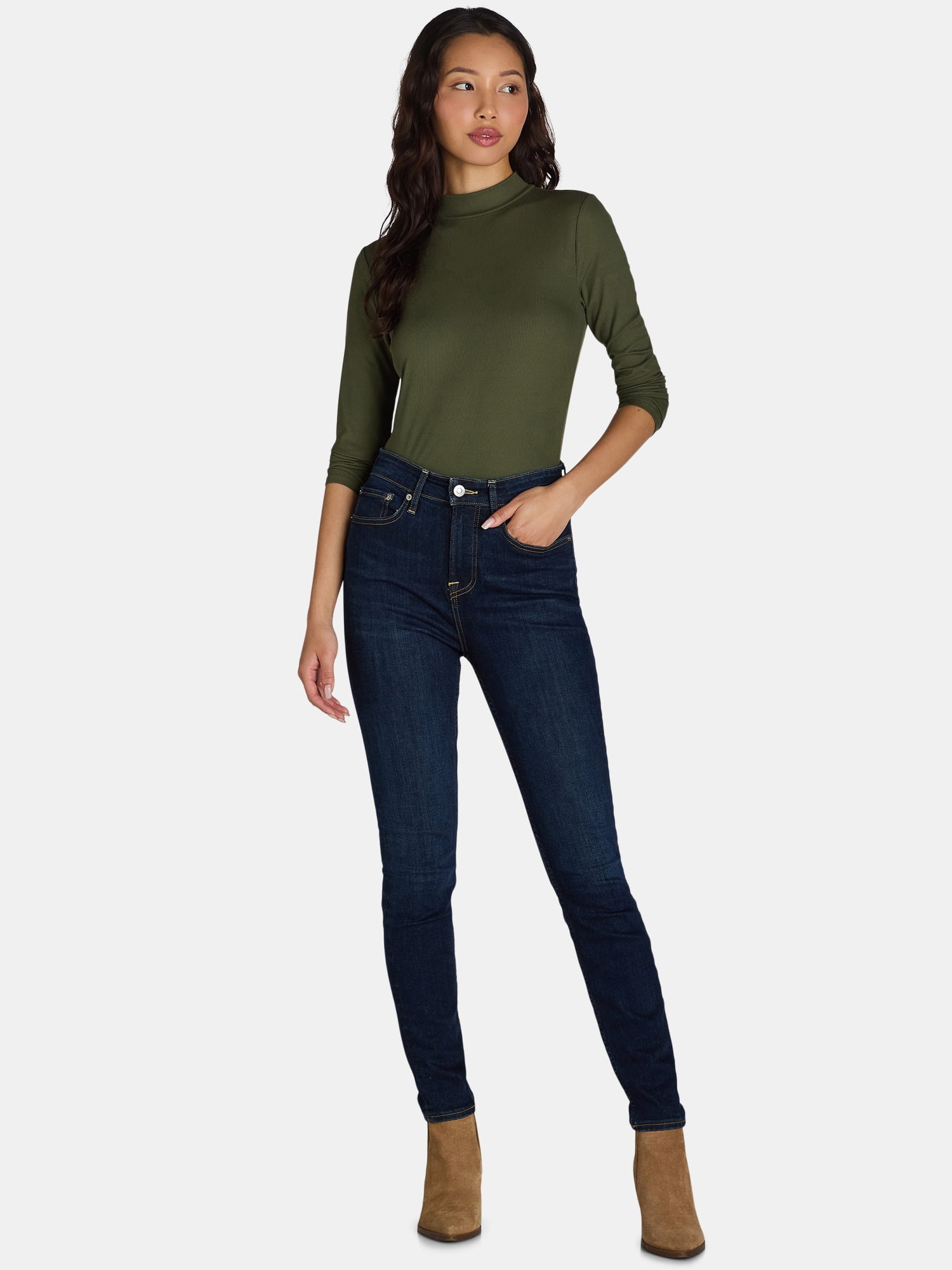 No Boundaries Ribbed Mock Neck Top with Long Sleeves, Women’s and Women’s Plus