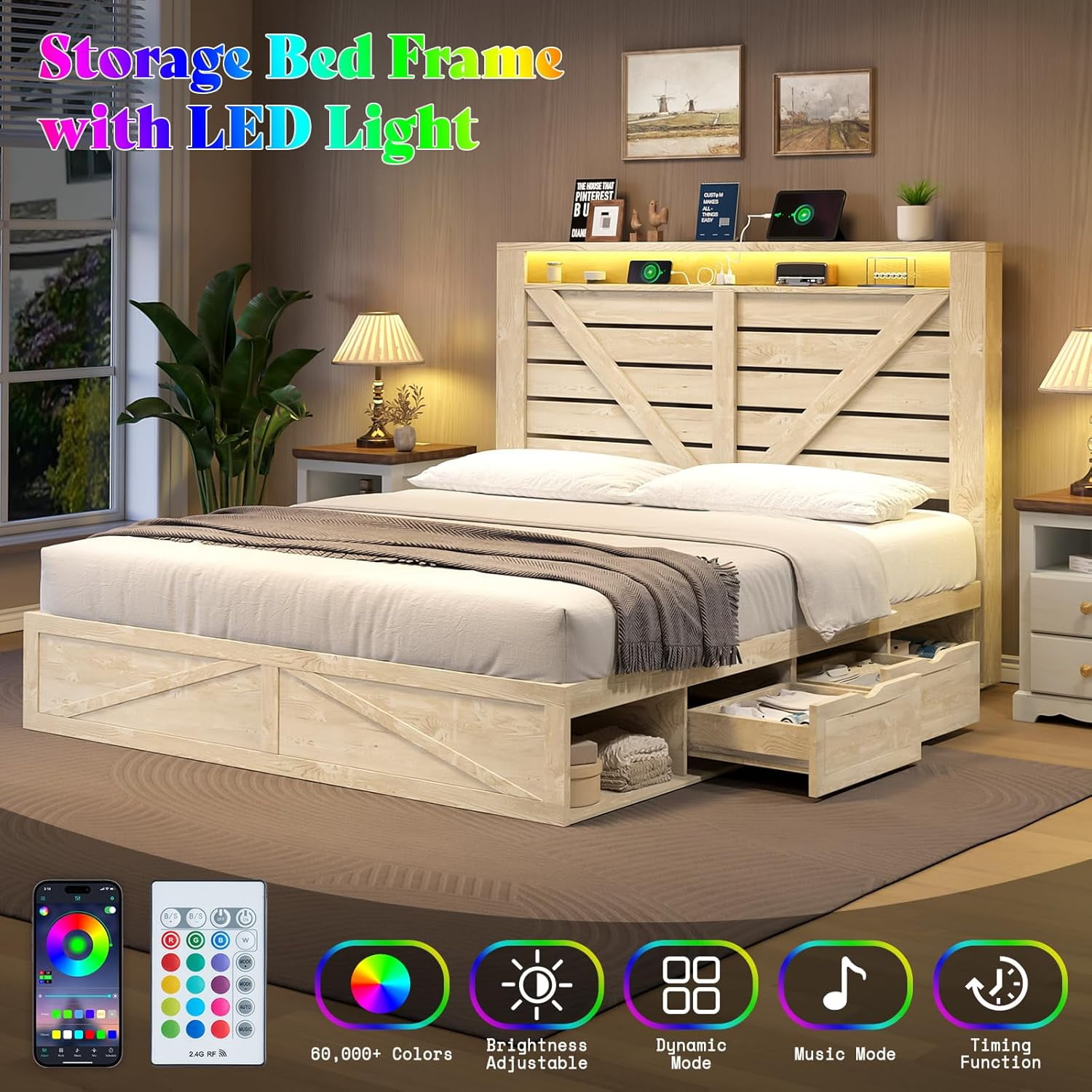 Amerlife Queen Size Storage Bed Frame with 4 Drawers & LED Light, Charging Station, Rustic White