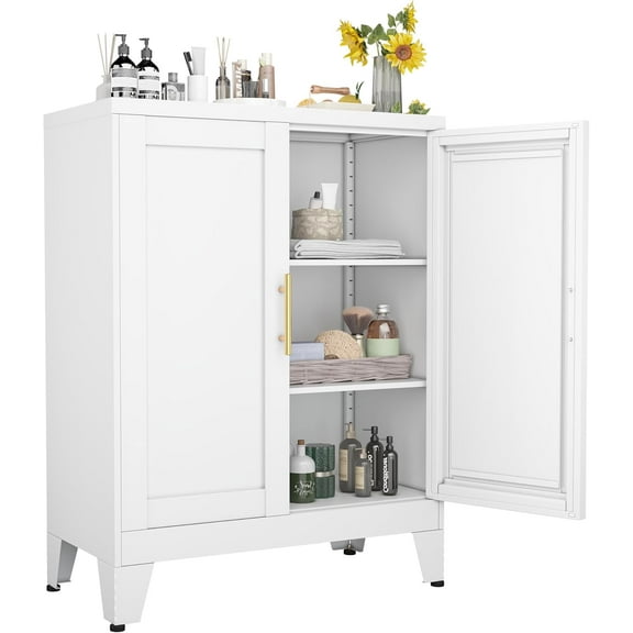 White Metal Storage Cabinet, 36" Steel File Cabinet with 3 Adjustable Shelves, for Home, Office, Kitchen, Garage, School