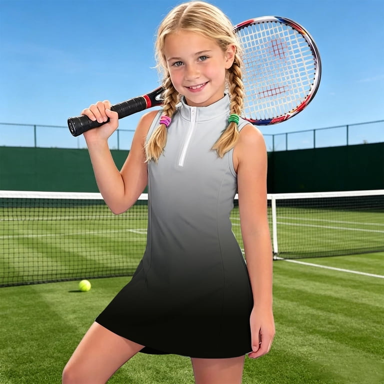 girls tennis dress Petra Teal front design allows for quick changes before or after activities Classic pleated skirt and white shoulder stripes create a timeless tennis look Versatile style works for tennis Girls Tennis Dress Rebecca -