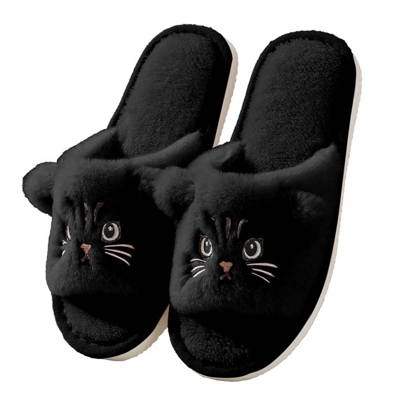 Yuanlong Women's Slippers Cartoon Cat Fuzzy Plush Open Toe Slide Slippers Soft Lined Non Warm Winter Indoor House Slippers