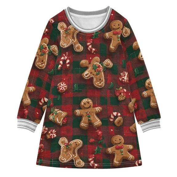 Girls' long-sleeved dress Gingerbread Man Girls' A-line dress with ribbed cuffs Soft and comfortable