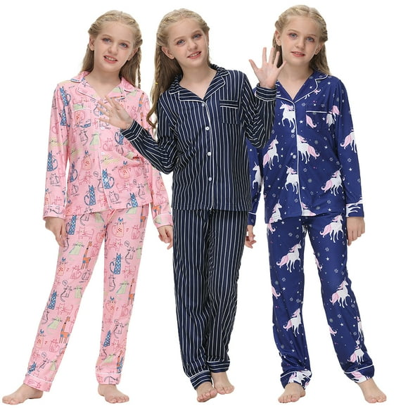 KYAIGUO 5-14 Years Girls Boys Satin Pajamas Set,2PCS Long Sleeve Silky Button down Sleepwear Loungewear for Kids Toddler