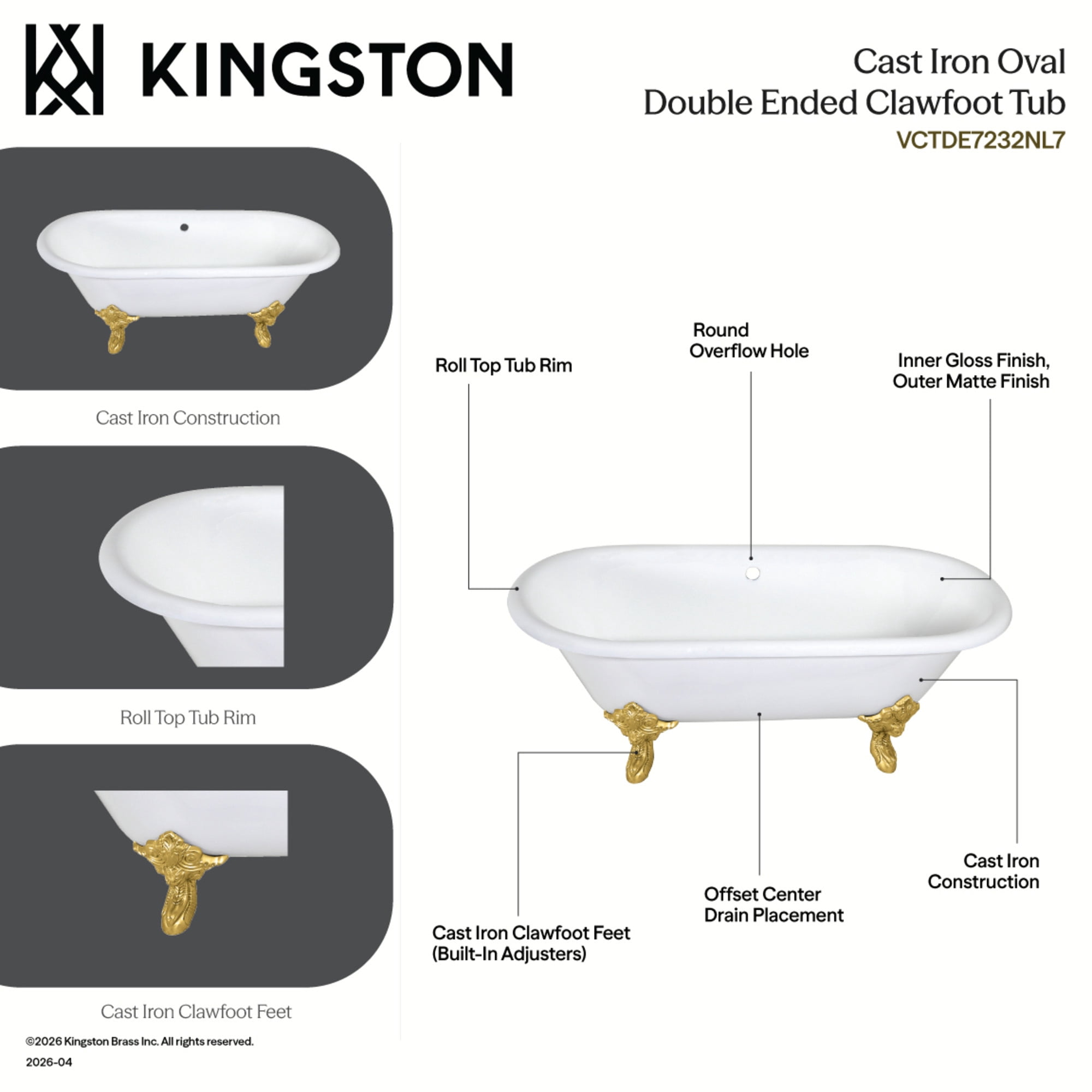 Aqua Eden VCTDE7232NL7 72-Inch Cast Iron Oval Double Ended Clawfoot Tub (No Faucet Drillings) in White/Brushed Brass