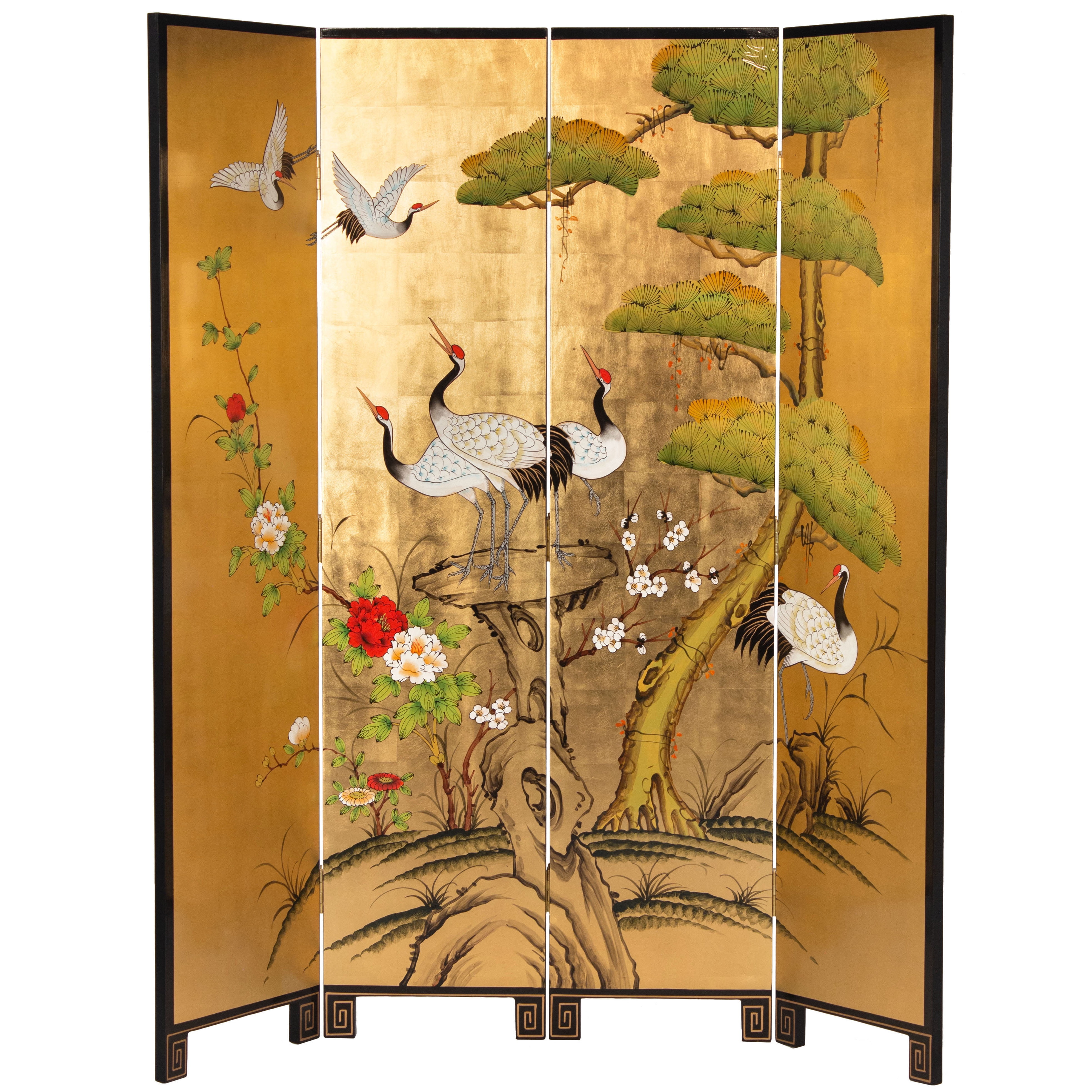 Oriental Furniture 6 ft. Tall Gold Lacquer Room Divider - Cranes