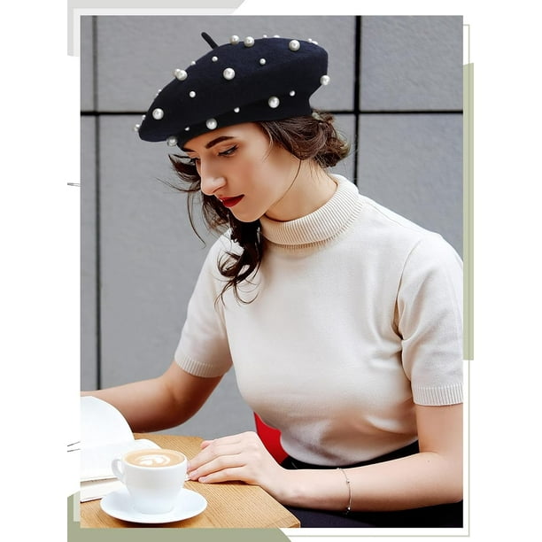 Pearl Beret Hat French Style Beanie Cap Solid Color Winter  display picture 2