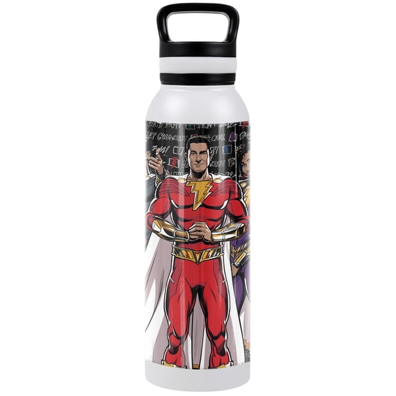 Shazam! Fury of the Gods Official Illustrated Heroes 24 oz Insulated Canteen Water Bottle, Leak Resistant, Vacuum Insulated Stainless Steel with Loop Cap, White