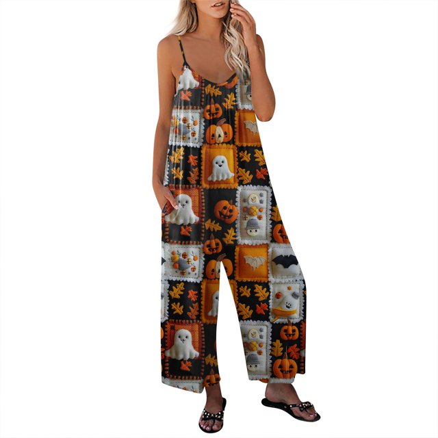 Mono informal sin mangas con estampado de fantasmas de Halloween para mujer, con tirantes finos y pierna ancha para fiestas navideñas