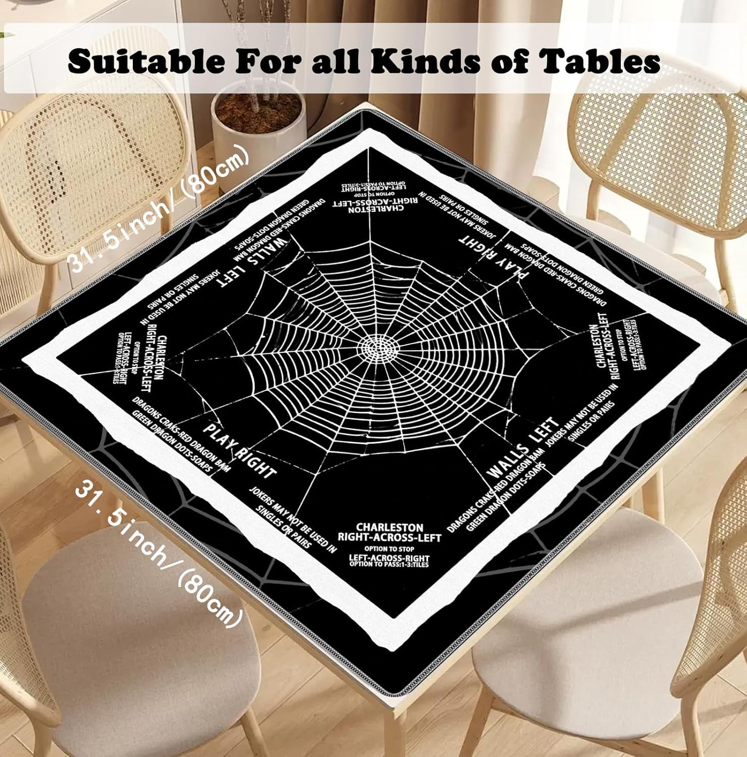 Black and White Mystical Gothic Spider Web Mahjong Mat 31.5x31.5 Inch, Non-Slip and Noise Reduction Mah Jong Table Mat Cover Gifts for Mahjong Lovers Poker Board Games Dominoes