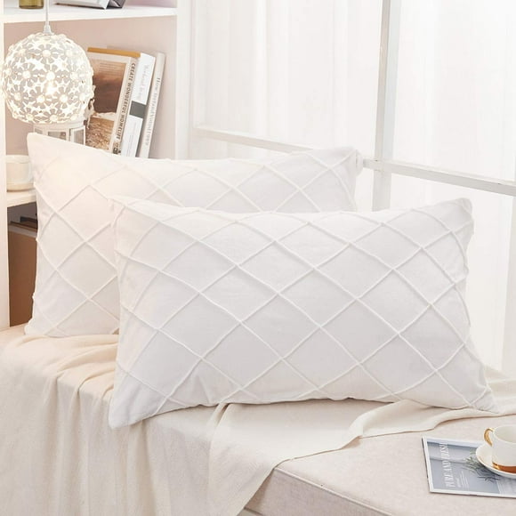 JAUXIO Diamond Pinch Pleated Crystal Velvet Pillowcases 2 Pack Solid Pintuck Throw Cushion Cover for Home Decor Hidden Zipper Closure (White, King)