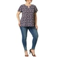 thumbnail image 3 of MODA NOVA Juniors Plus Size Floral Keyhole Flared Short Sleeve Chiffon Blouse Dark Blue-2 3X, 3 of 6